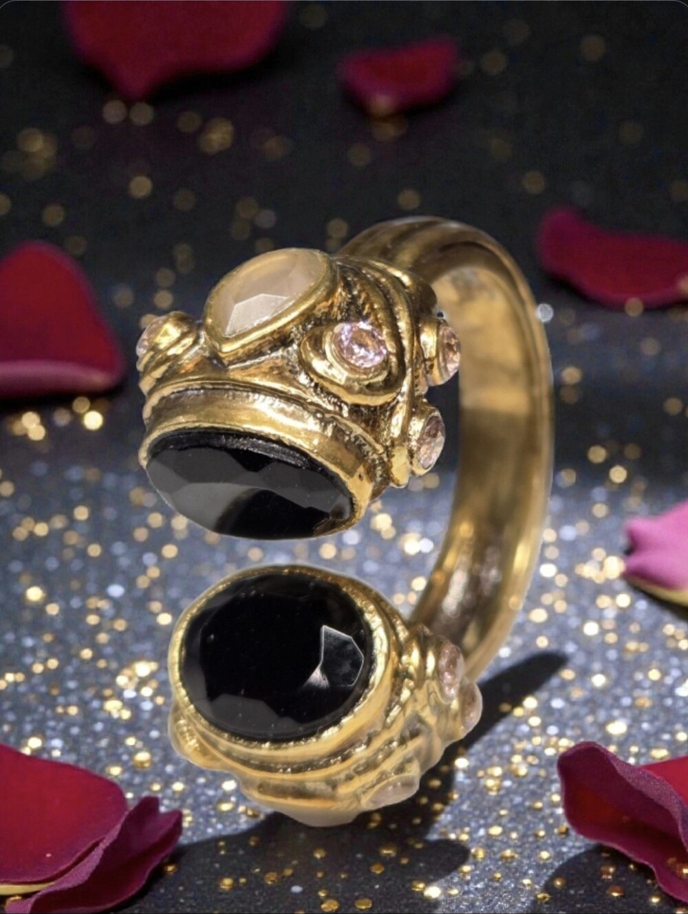 18k Gold Plated Byzantine Genuine Onyx & Rose Quartz Cable Ring